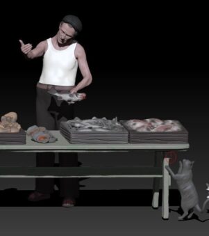 fish seller p with cats